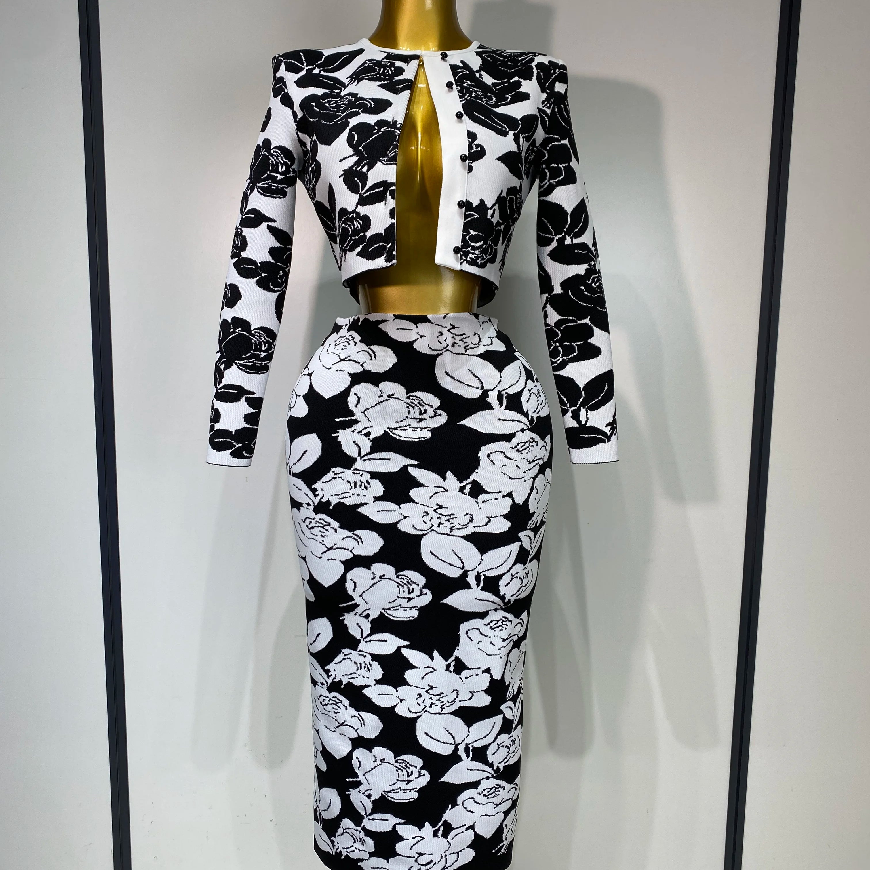 2025 New Arrival Women Long Sleeve Jacquard Weave Two Pieces Set Celebrity Red Carpet Dress Birthday Bodycon Bandage Women's Set