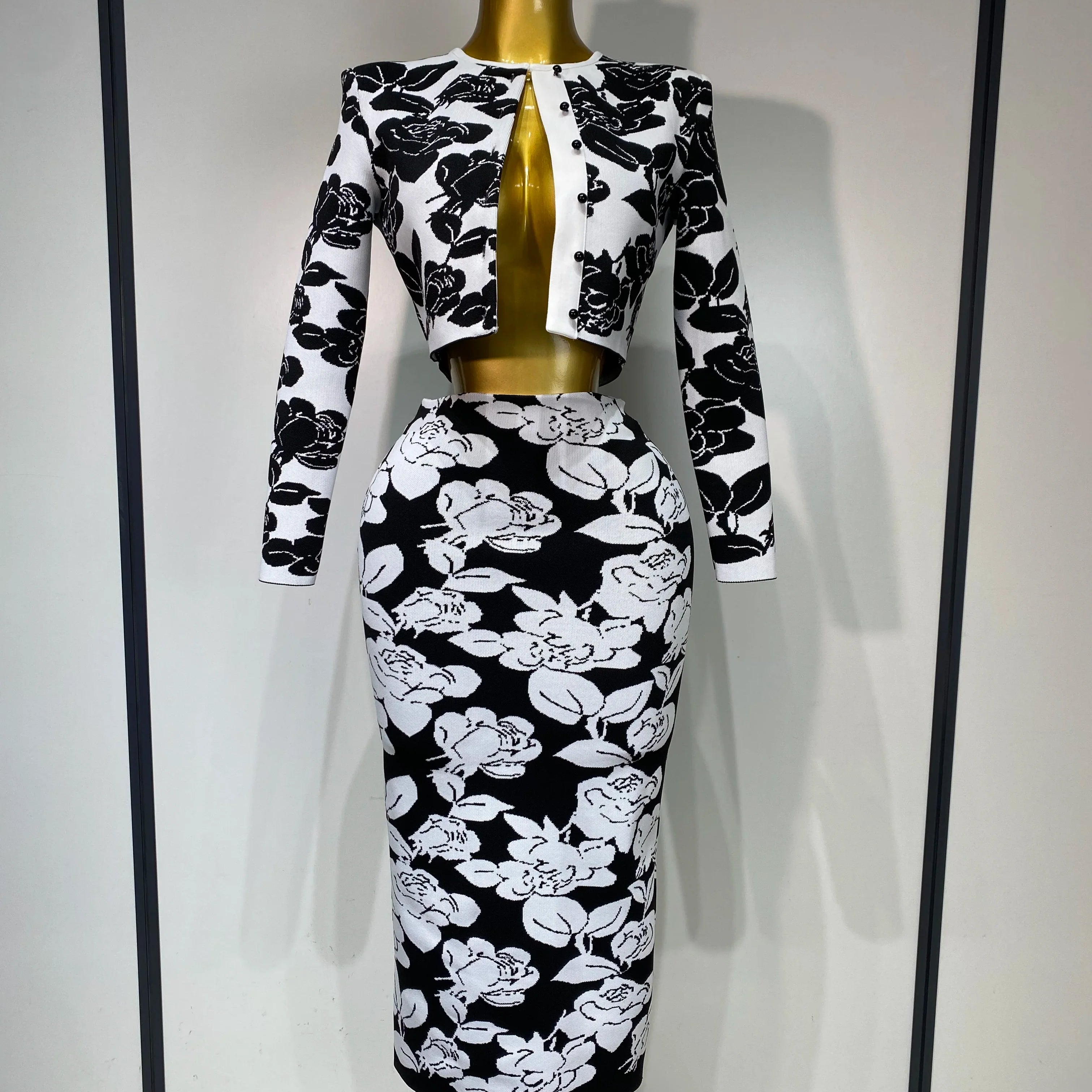 Arrival Women Long Sleeve Jacquard Weave Two Pieces Set Celebrity Red Carpet Dress Birthday Bodycon Bandage Women's Set