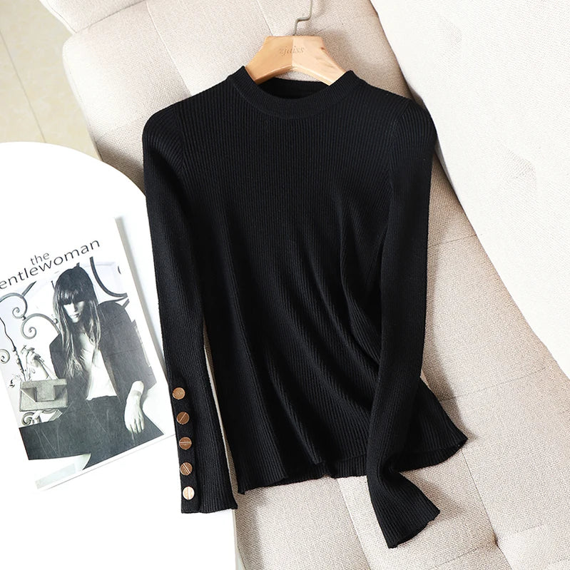 Casual Autumn Winter Women Thick Sweater Pullovers Button Long Sleeve O-neck chic Sweater Female Slim Knitted Soft Jumper Tops black One Size
