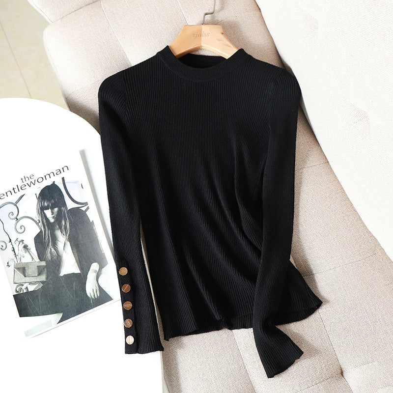 Casual Autumn Winter Women Thick Sweater Pullovers Button Long Sleeve O-neck chic Sweater Female Slim Knitted Soft Jumper Tops black One Size