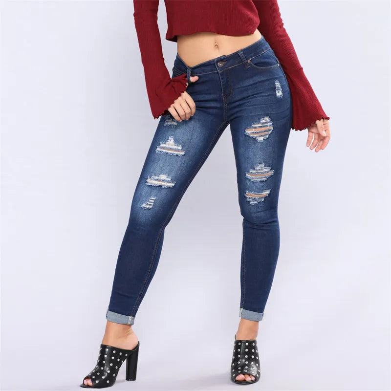 Women Fashion High Waist Stretch Ripped Jeans Lady Y2K Pencil Denim Pants Streetwear Tight Narrow Leg Mom Casual Skinny Trousers