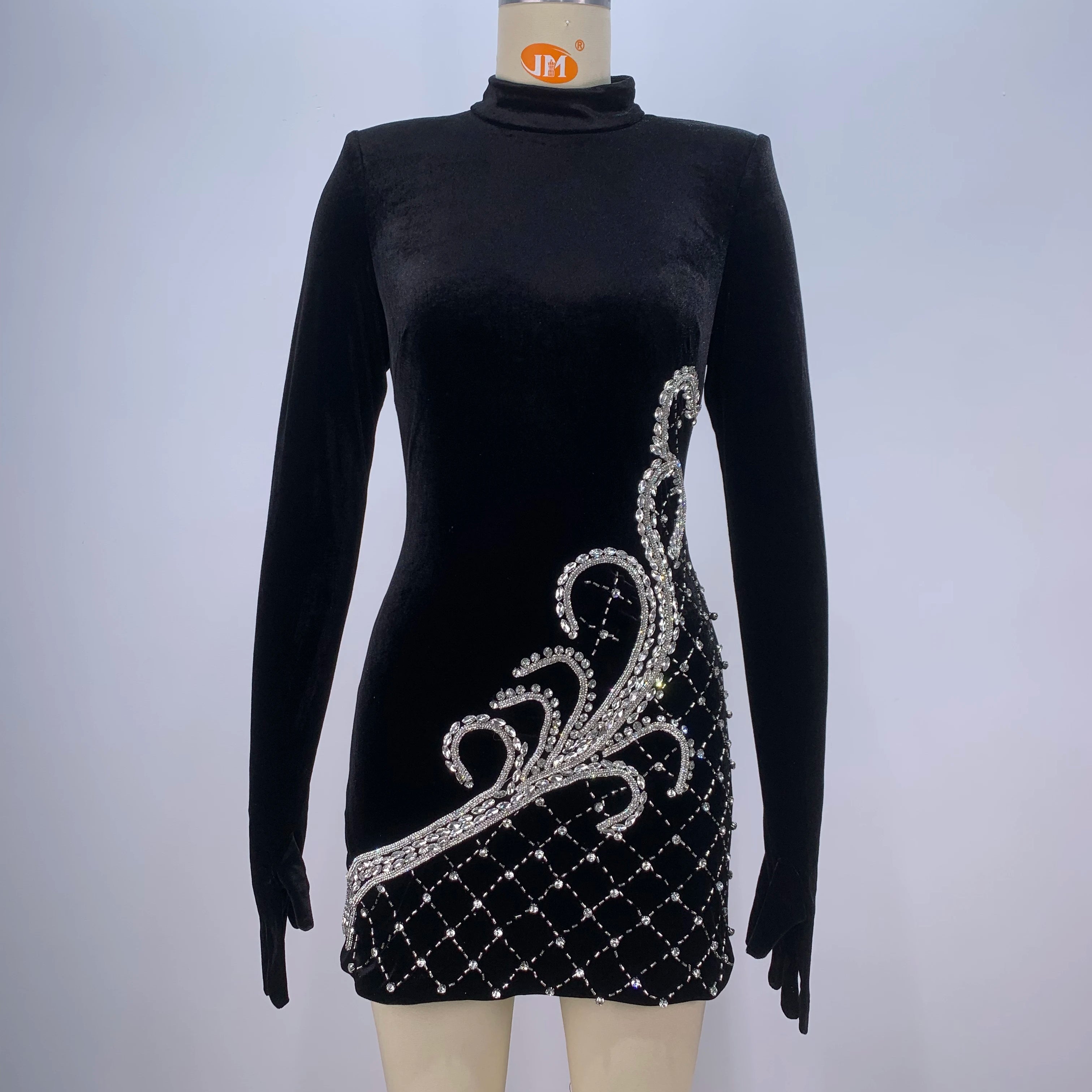 Fashion Women Long Sleeve Gloves Velvet Bodycon Mini Dress Sparkly Crystal Fashion Nightclub Party Cocktail Dress