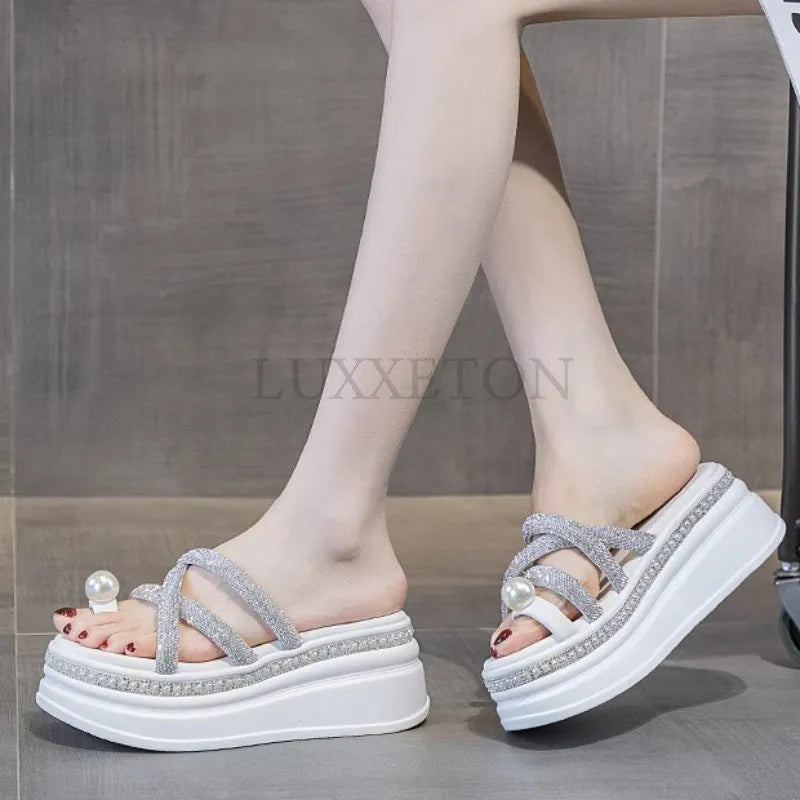 Trend Women Mid  Heels Shoes Platform Open Toe Slippers Summer Fad Sandals Dress Beach Flip Flops Women Crystal Slides