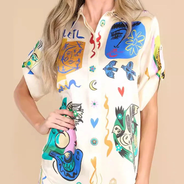 2 Piece Sets Women Outfit Summer New Bohemian Style Printing Half Sleeve Shirt Suits Fashionable Casual Loose Wide Leg Pant Set Colorful top