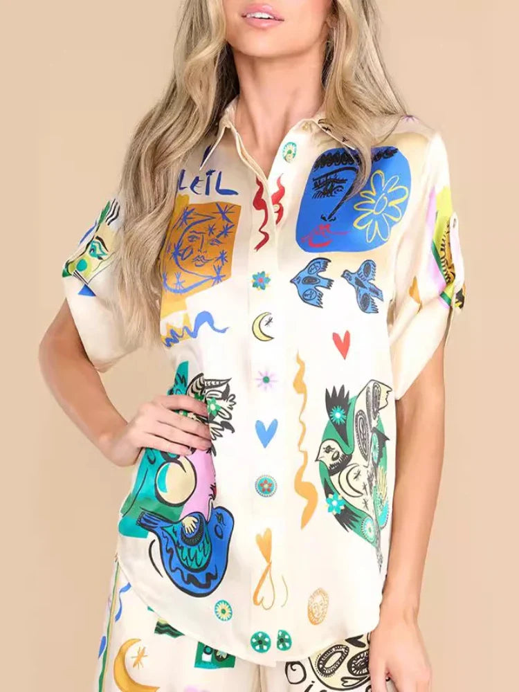 2 Piece Sets Women Outfit Summer New Bohemian Style Printing Half Sleeve Shirt Suits Fashionable Casual Loose Wide Leg Pant Set Colorful top