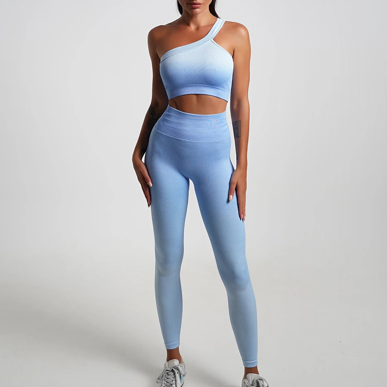 Seamless Gradient Yoga Sets Sports Fitness High Waist Hip-Lifting Pants Long-Sleeved Suits Workout Gym Leggings Sets for Women Lake Blue D