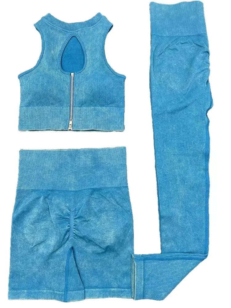 2PCS Seamless Frosted Yoga Sets Sports Fitness Beauty Back Bra High Waist Hip-lifting Leggings Suits Gym Shorts Sets for Women 3PCS Blue