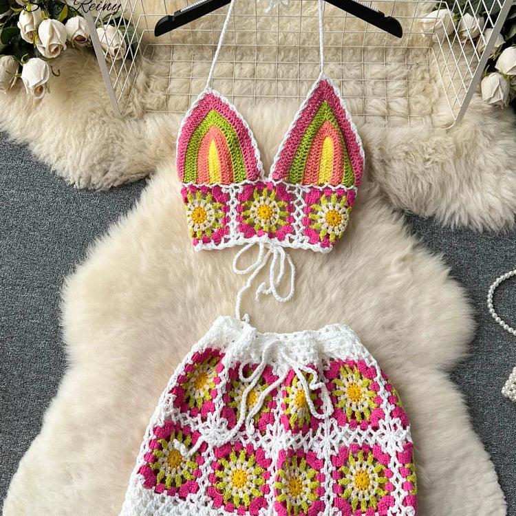 SINGREINY Summer Hollow Out Beach Suits Women Strap Halter Sexy Top+Mini Shorts Fashion Floral Knitted Bohemian Two Pieces Sets