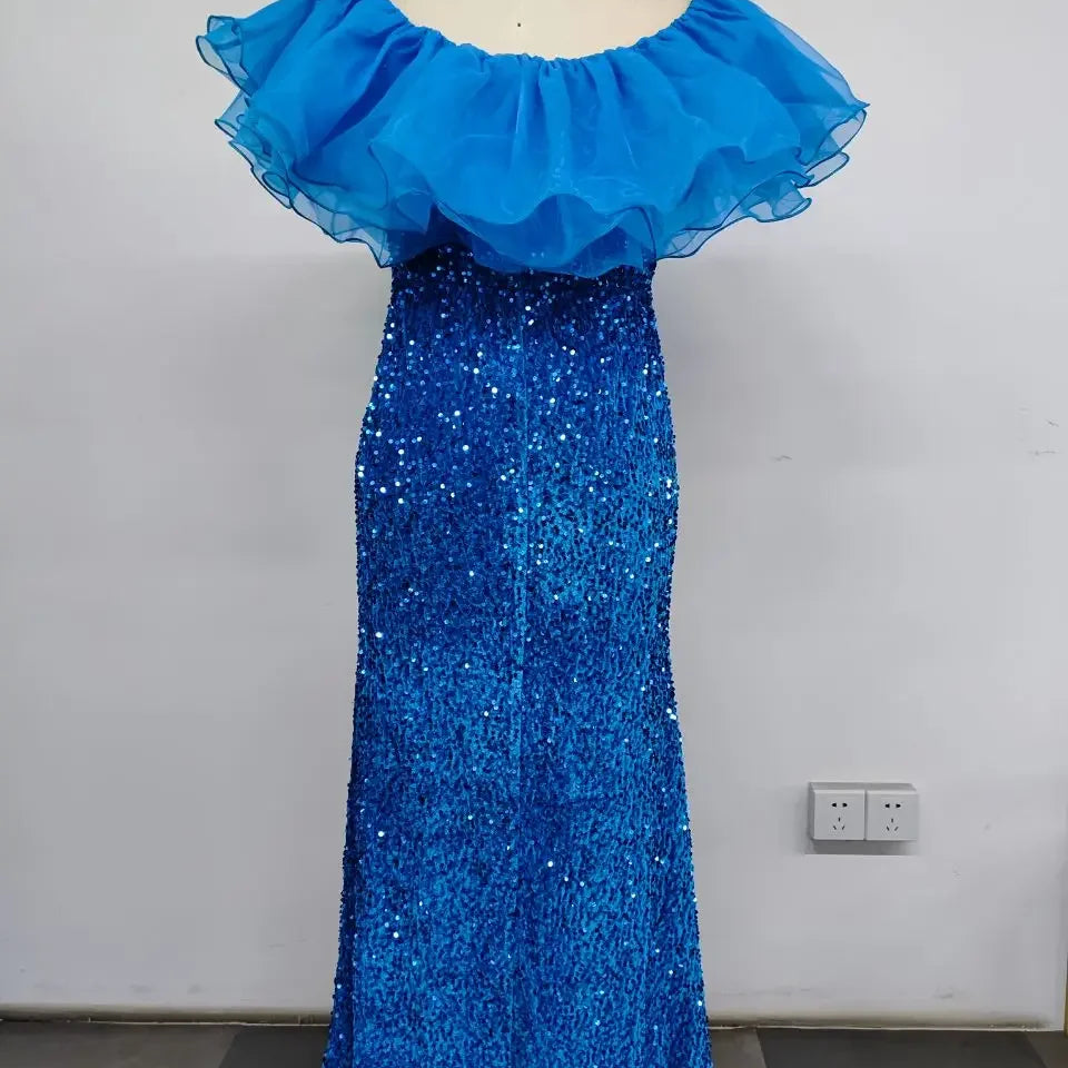 Plus Size Women Party Dresses New Fashion Strapless Mesh Splicing Elegant Sequin Wedding Dresses Large Size Female Evening Dress