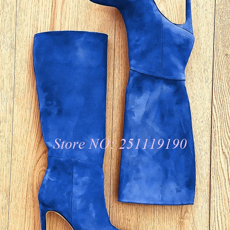 Royal Blue Boots Suede Pointed Toe Botas Women Luxury Designer Shoes Winter 2025 Pull On Slip On Stiletto Knee-high Booties New