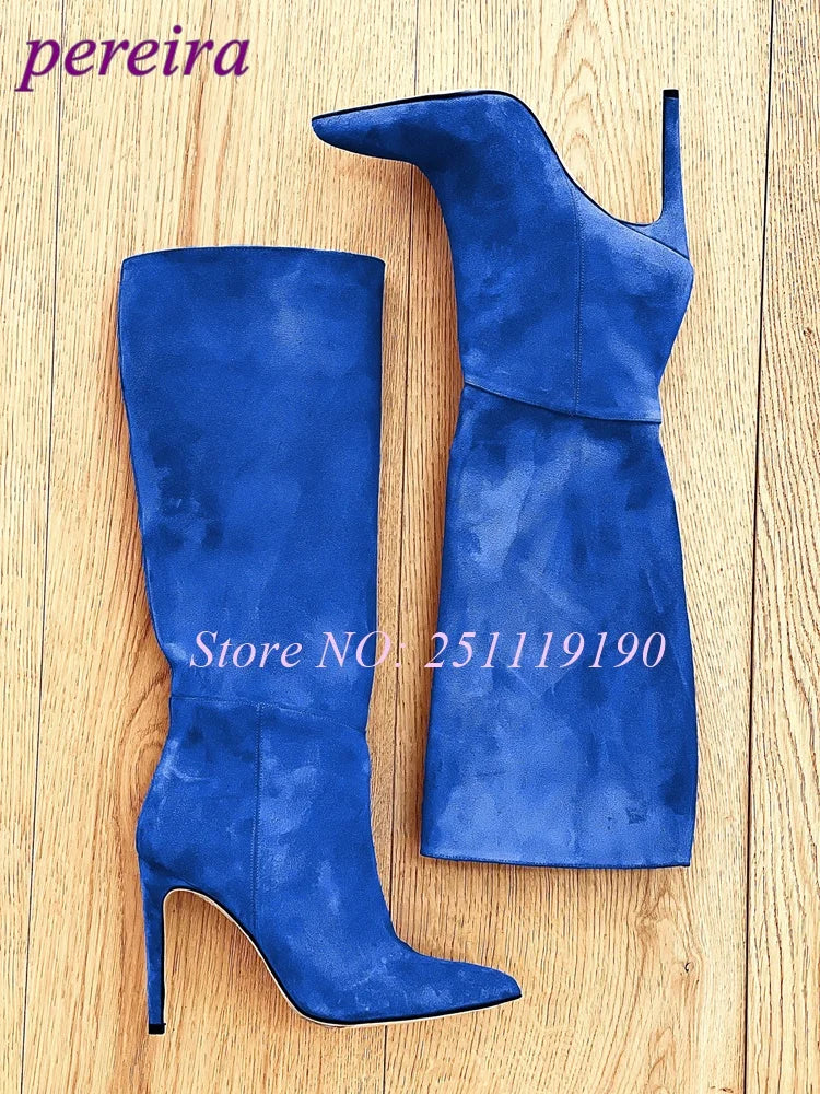 Royal Blue Boots Suede Pointed Toe Botas Women Luxury Designer Shoes Winter 2025 Pull On Slip On Stiletto Knee-high Booties New
