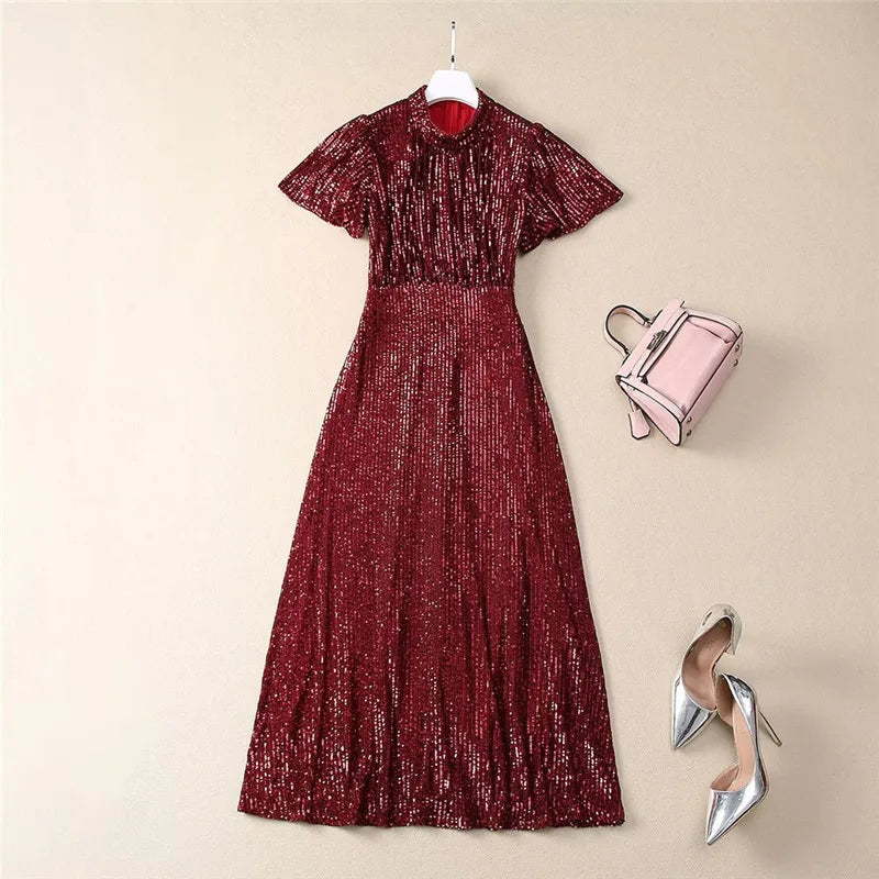 TWOTWINSTYLE Solid Spliced Sequins Fashion Dresses for Women Round Neck Short Sleeves Patchwork Folds Elegant Dress Female New