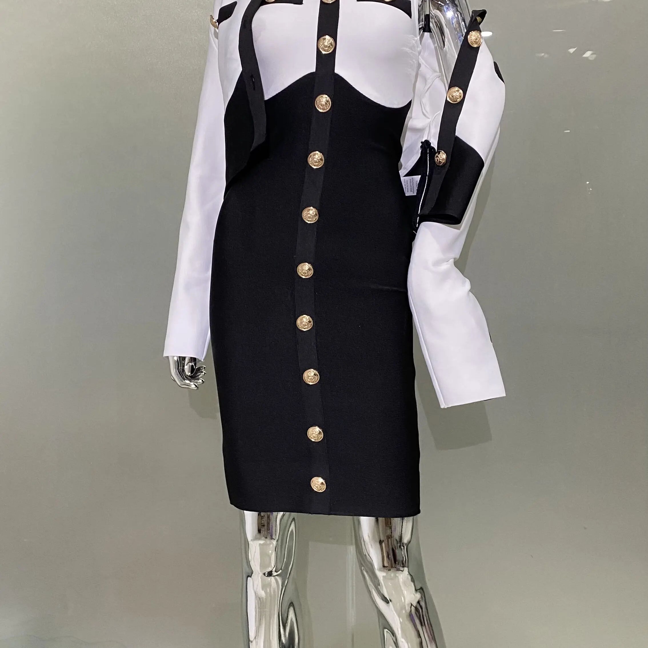 New Arrivals Fashionable  Women's Bandage Set Golden Buttons White Patchwork Black Coat And Sleeveless Bodycon MIini Dress