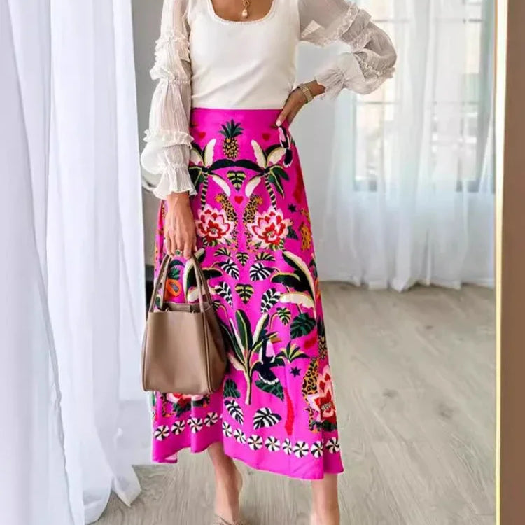 Spring/Summer New Street Tropical Plant Print Retro Half Skirt Women's Elegant Lower Half Colored Printed Half Skirt