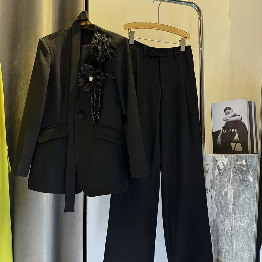 TWOTWINSTYLE Solid Elegant Two Piece Sets for Women V Neck Long Sleeves Patchwork 3D Flower Top High Waist Pant Set Female New