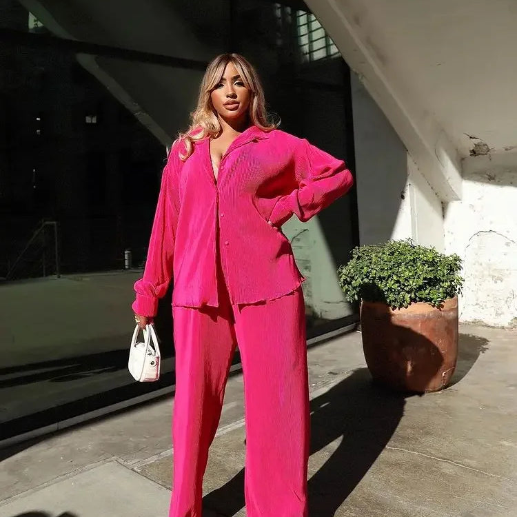 CM.YAYA Pleated Solid Women Set Long Sleeve Shirts and Straight Wide Leg Pants Suits Tracksuit Two Piece Set Fitness Outfits