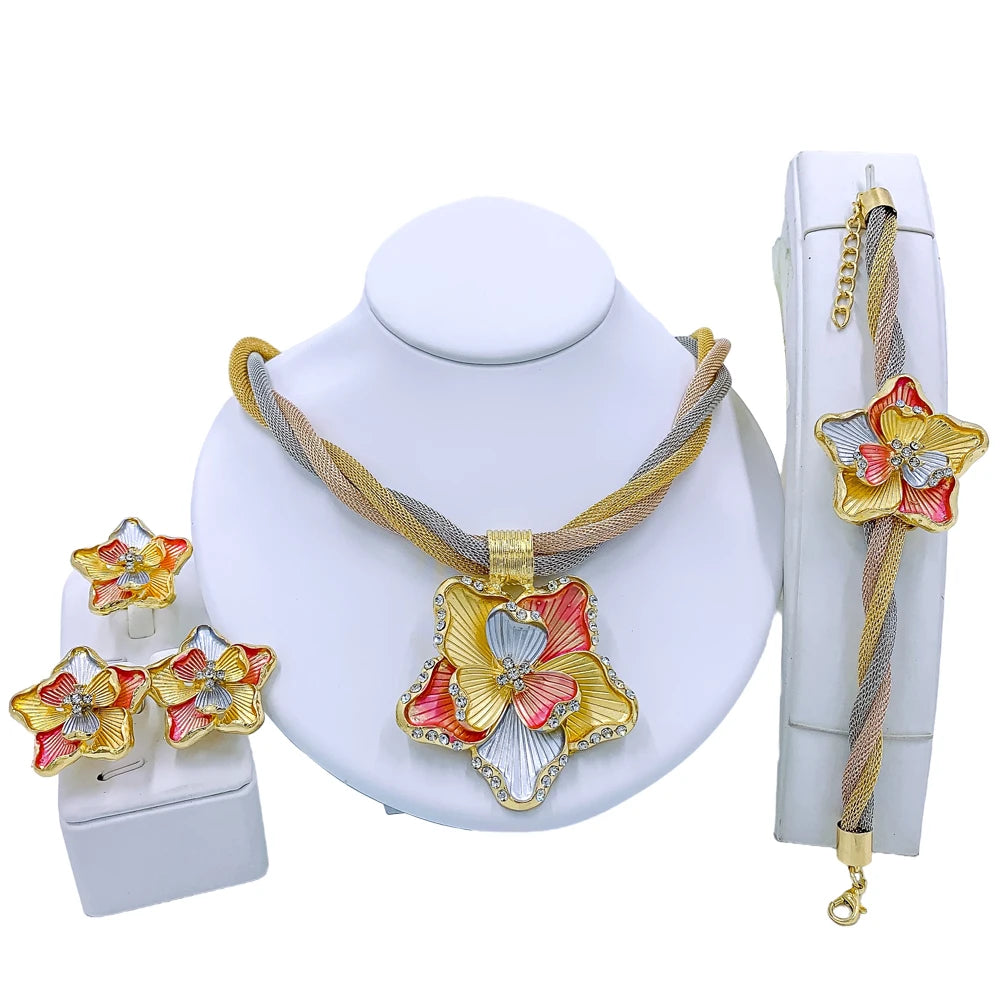 African Necklace Earrings Dubai Gold Color Jewelry Set for Women Wedding Bridal Travel Party Bracelet Ring Pendant Jewelry Flower jewelry 2 Resizable 45cm | Clear