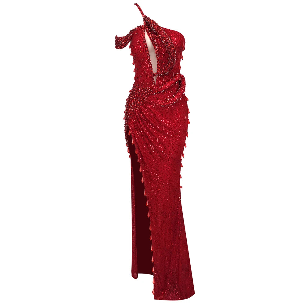 VC Red Diamonds Mermaid Dress Beaded Diagonal One-shoulder High Split Crystals Details Maxi Banquet Evening Party Gown