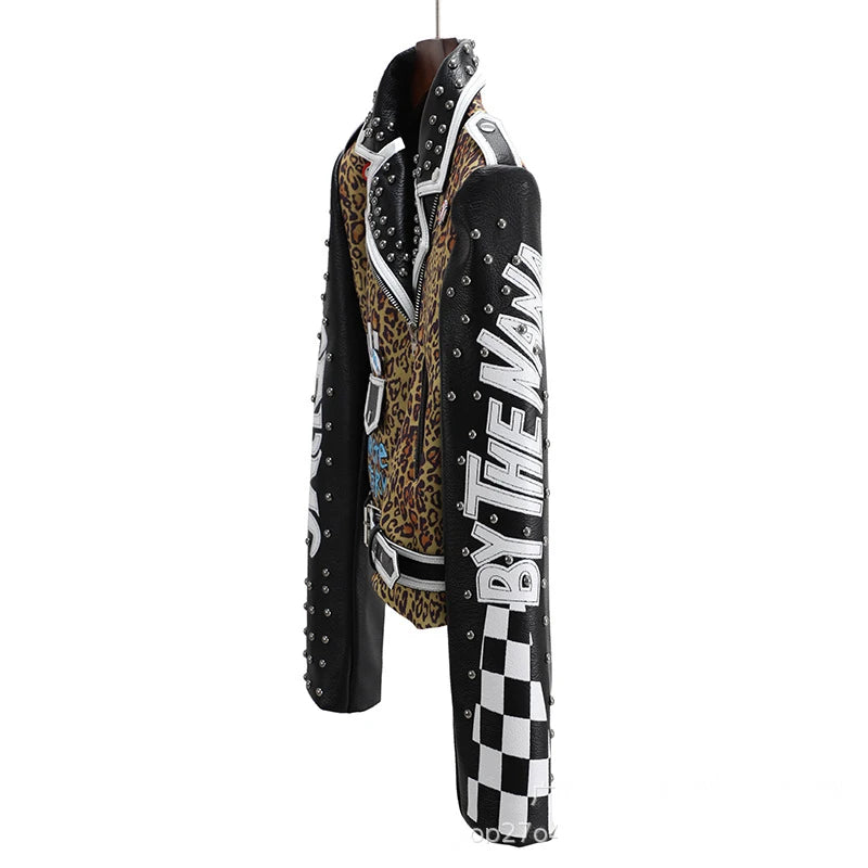 Punk Rivets Cropped Leather Jacket for Women Trend Streetwear Patchwork Leopard Print Faux Leather Motorcycle Jacket