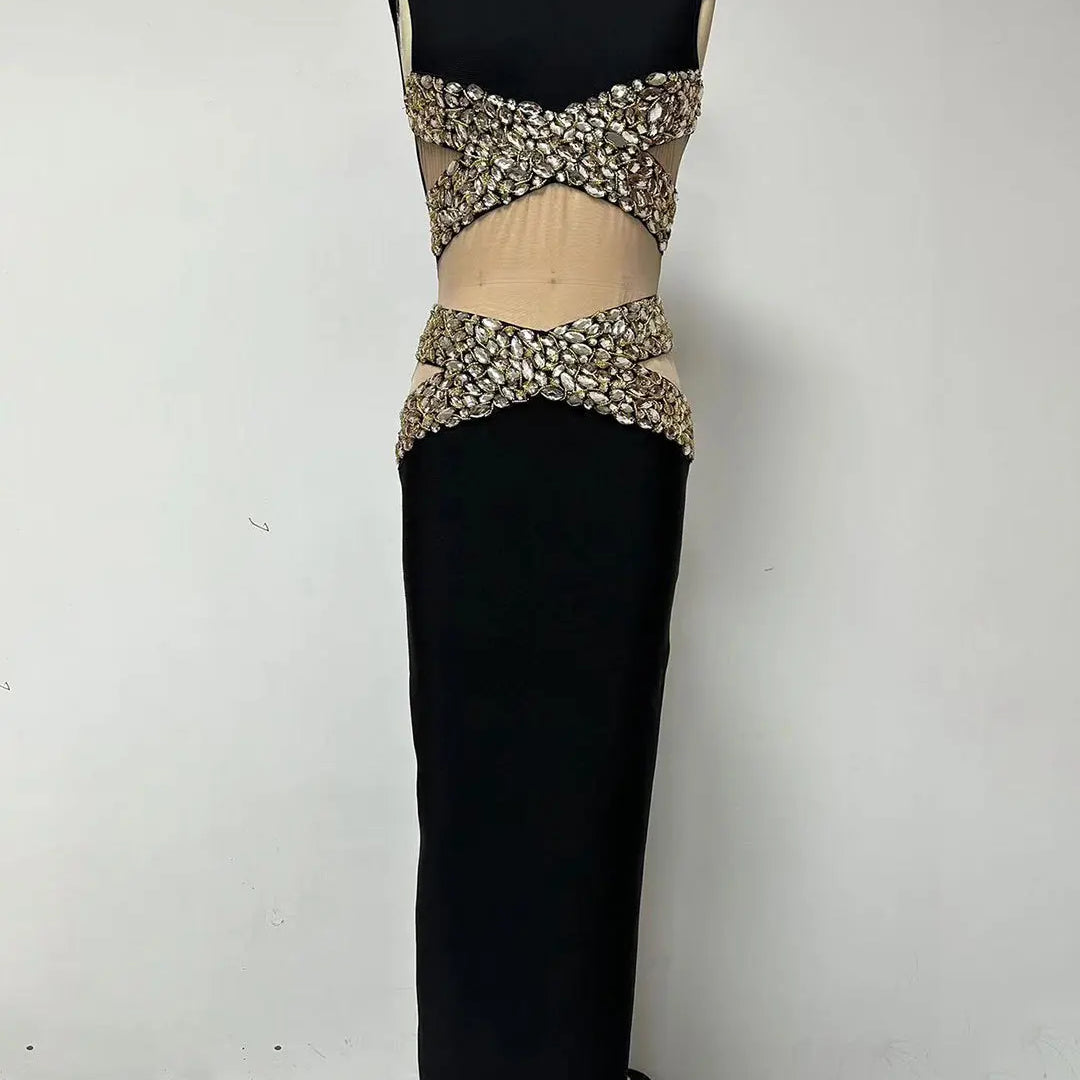 Women Sleeveless Sexy O-Neck Big Crystal Keyholes Bodycon Bandage Long Dress Fashion Celebrate Evening Party Outfit