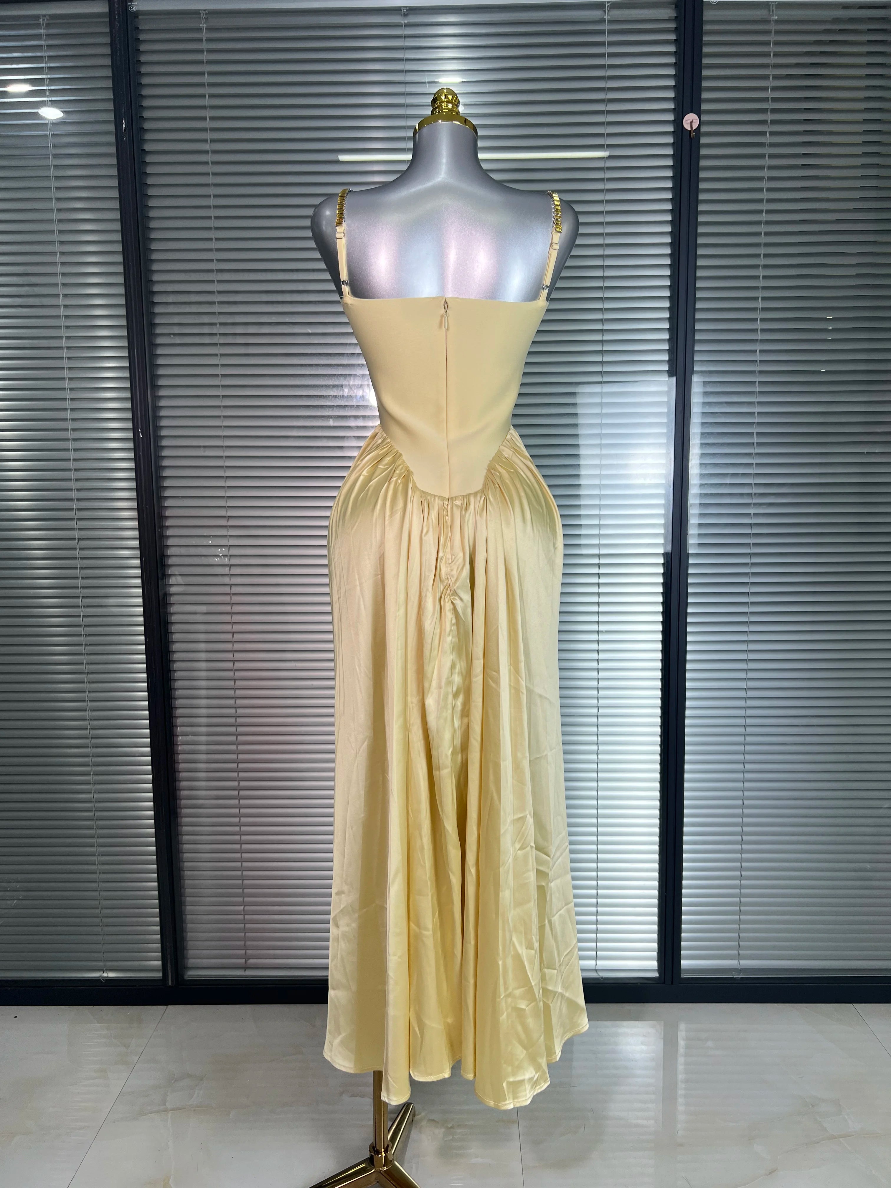 Summer New 2025 Women Luxury Sexy Chain Straps Yellow Long Gowns Bandage Dress Elegant Celebrity Evening Party Dress