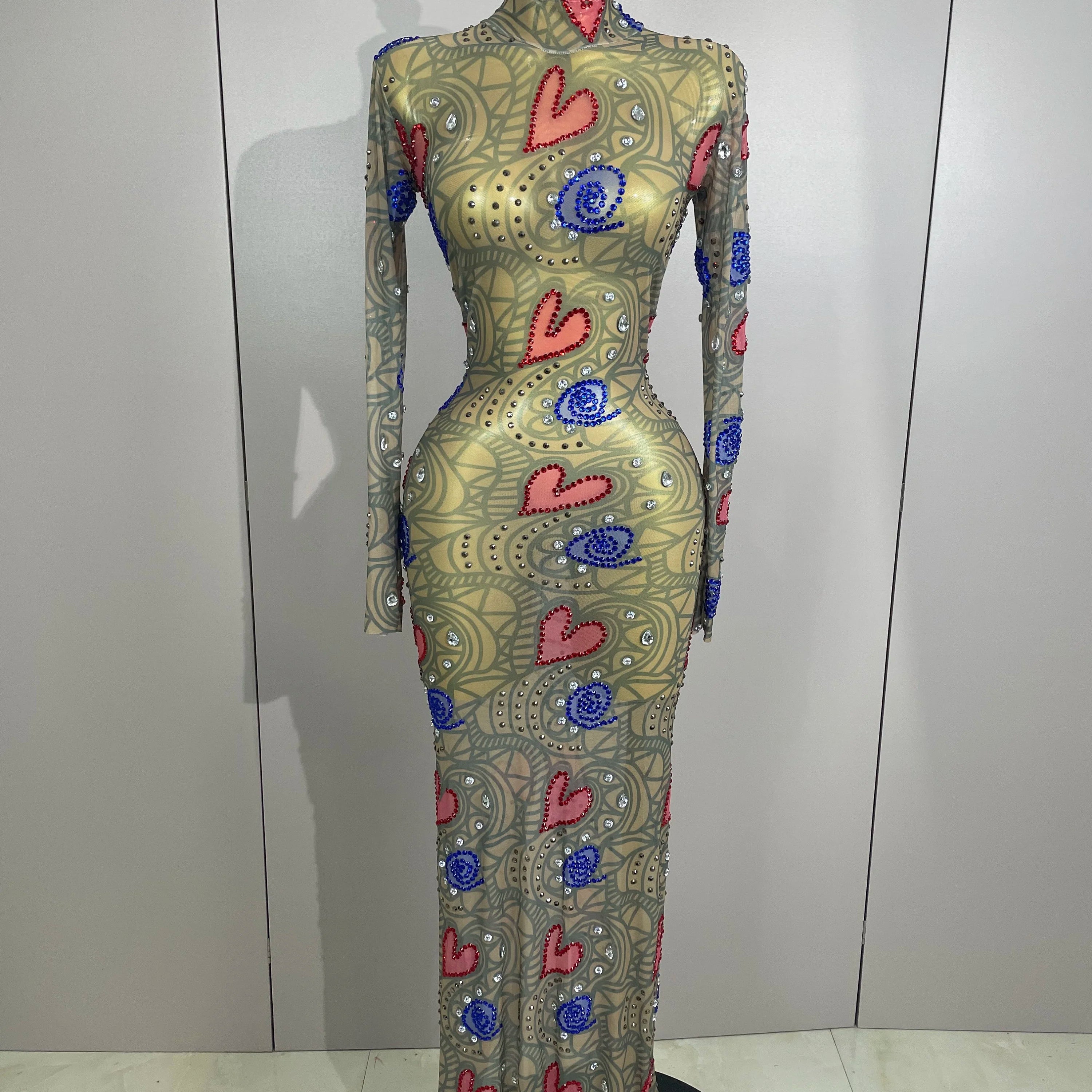 2025 New Sparkly Diamond High Neck Sexy Mesh Wrap Hip Long Dress Host Annual Meeting Party Nightclub Bar Performance Costume