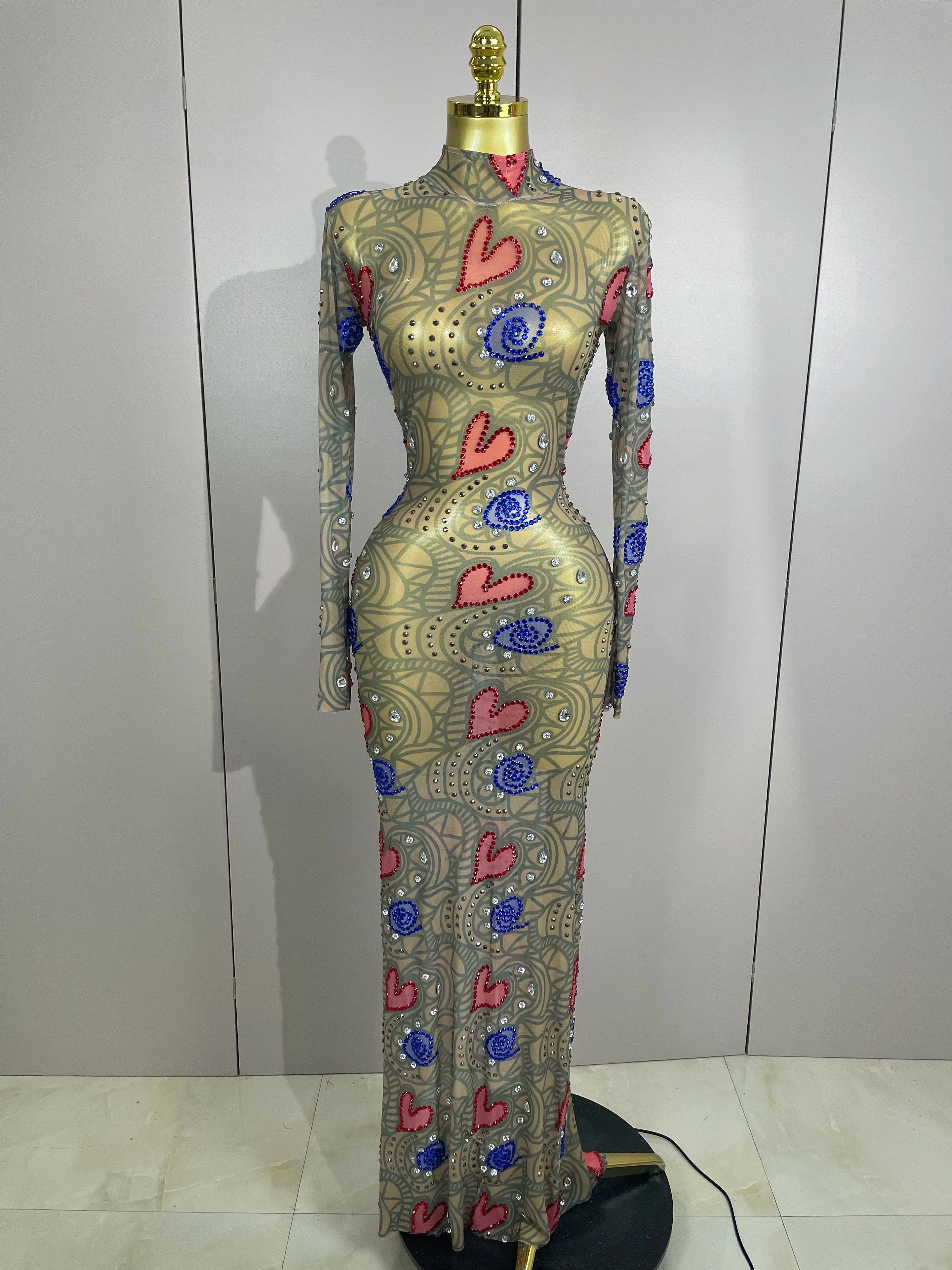 2025 New Sparkly Diamond High Neck Sexy Mesh Wrap Hip Long Dress Host Annual Meeting Party Nightclub Bar Performance Costume