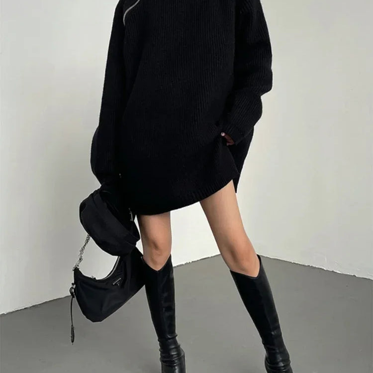 2023 Winter Women's Turtleneck Zipper Oversize Fashion Sweaters Autumn New Knitwears Loose Thick Warm High Neck Solid Pullovers