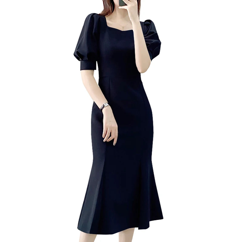 Elegant Party Midi Sundress Sexy Square Collar Holiday Short Puff Sleeve Mermaid Dresses Women Fashion Waisted Long Robe Navy