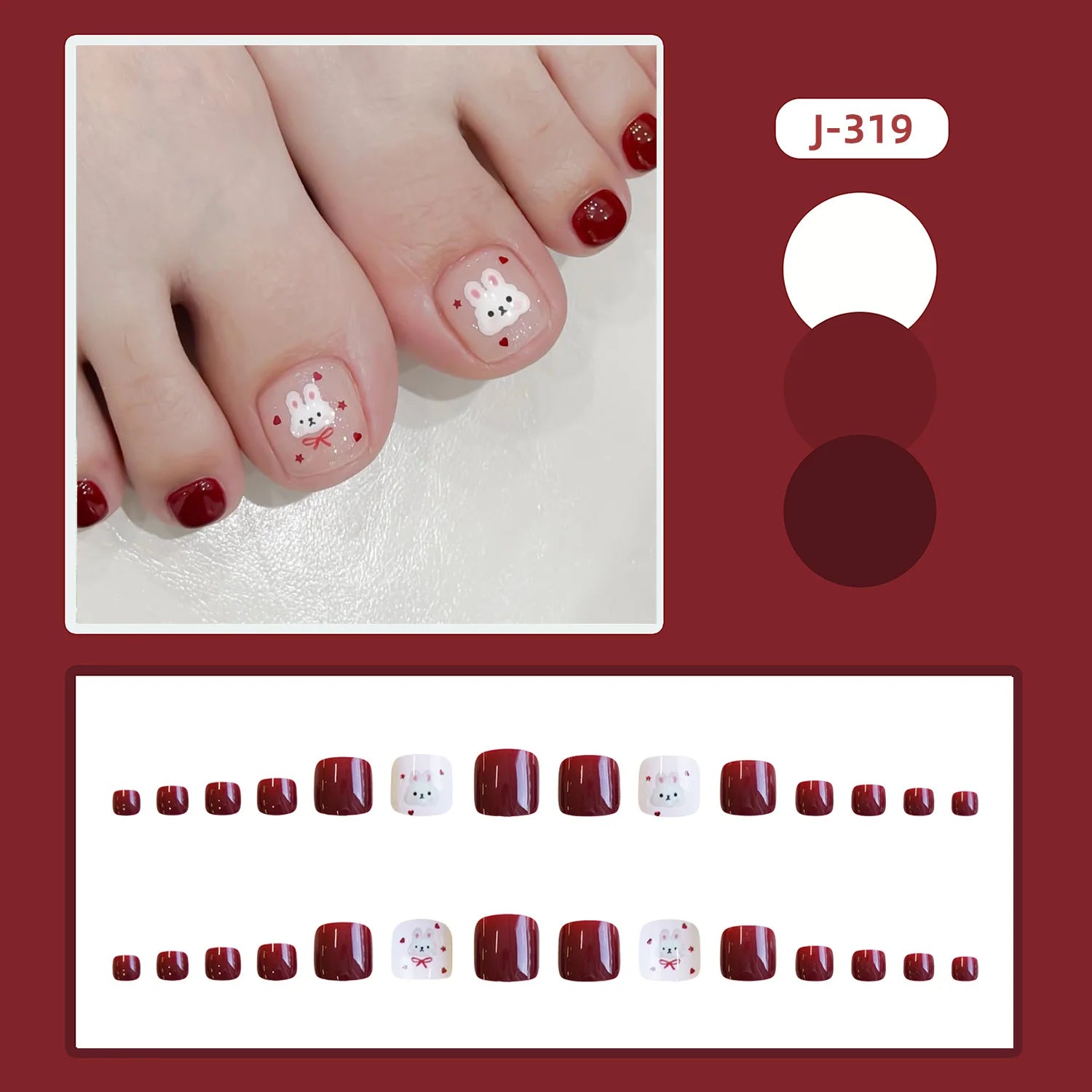 24pcs Summer Cute Press on Toenails Cartoon Cat Bear Print False Toe Nails Wearable Sweet Red Korean Style Fake Toenails