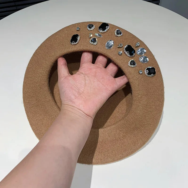 Berets Women Hat Brimless Stretchy Comfortable Rhinestone Y2K Cap Autumn Female Flat Color Cotton 12 56-58cm