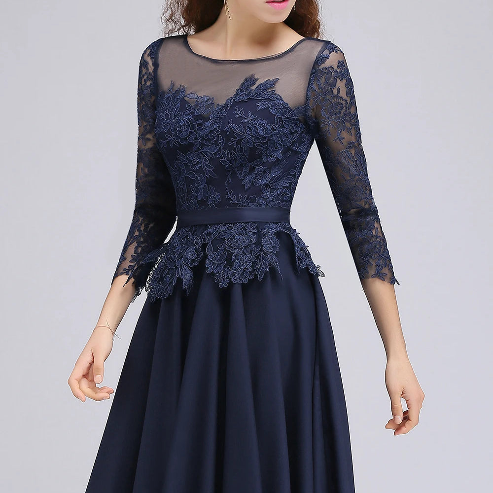 A-line Scoop Long Sleeves Lace Homecoming Dress Chiffon A Line Skirt Short Knee-Length Formal Party Gown Prom Navy Blue