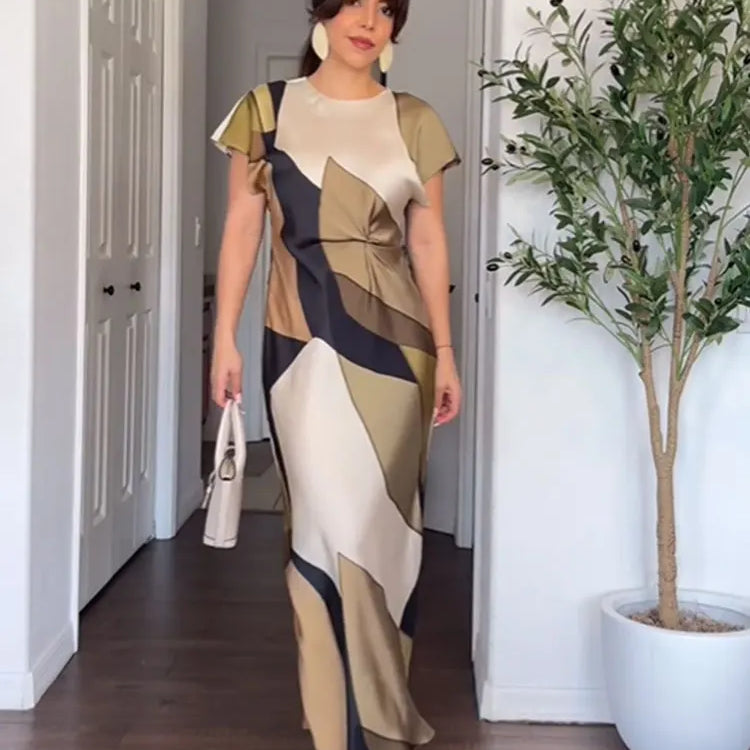 TRAFZA New Summer Women's Long Dress Print O-Neck Short Sleeves Back Hollow Out Vinatge Chic Pleats Loose Female Dresses