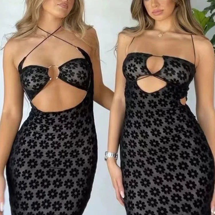 Nibber Solid Color Hanging Neck Maxi Dress Sexy Hollow Women Perspective Bag Hips Robe Female Street Trendy Dresses Clothing