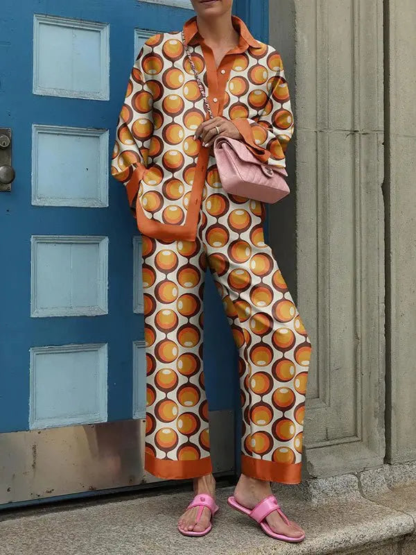 Autumn New Loose Vintage Printed Pant Sets Women Long Sleeve Shirts And Wide Legs Trousers Two Piece Set Fashion Streetwear golden