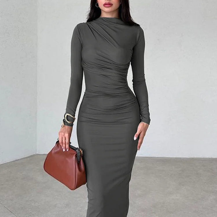 Weird Puss Elegant Temperament Women Maxi Dress Full Sleeve O Neck Zipper Solid Autumn Fashion Bodycon Evening Party Vestidos Dark Grey