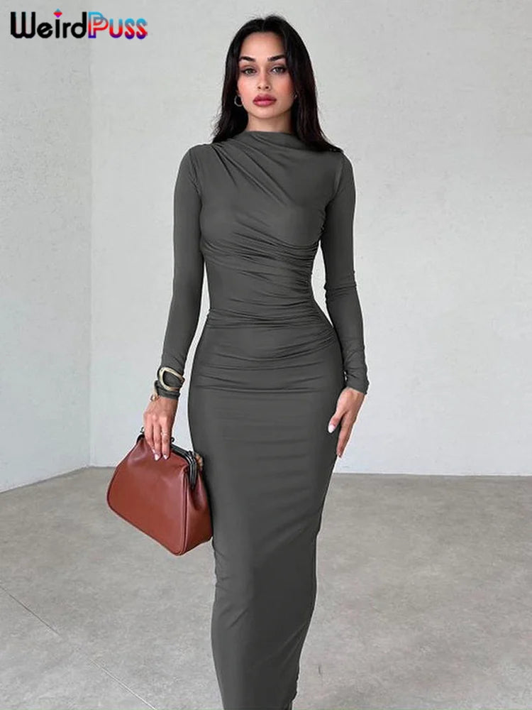 Weird Puss Elegant Temperament Women Maxi Dress Full Sleeve O Neck Zipper Solid Autumn Fashion Bodycon Evening Party Vestidos Dark Grey