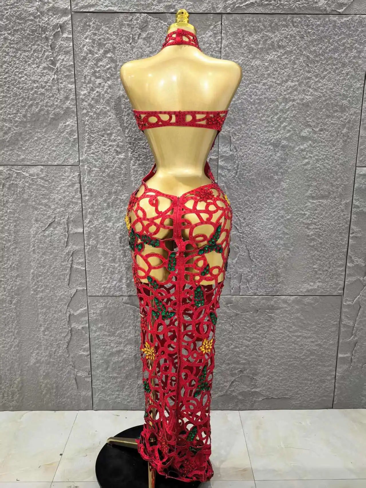 Women Sleeveless Sexy Hollow Out Shinning Rhinestones Bodycon Long Dress Backless Celebrate Nightclub Party Celebrity Stage Wear