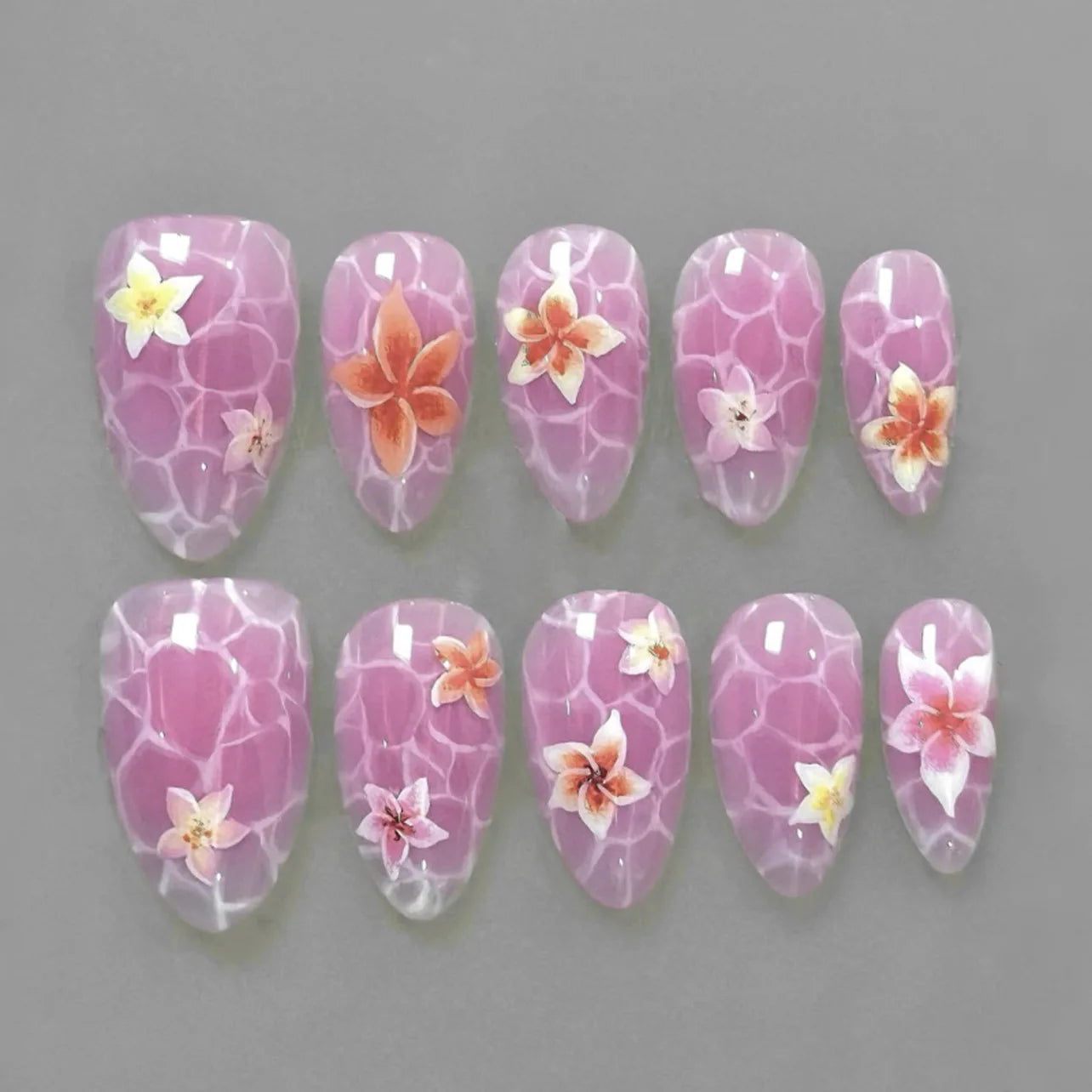 24Pcs Mid-length Almond Press on False Nails Marble Pattern Almond Fake Nail Art Purple Gradient Wearable Full Cover Nails Tips