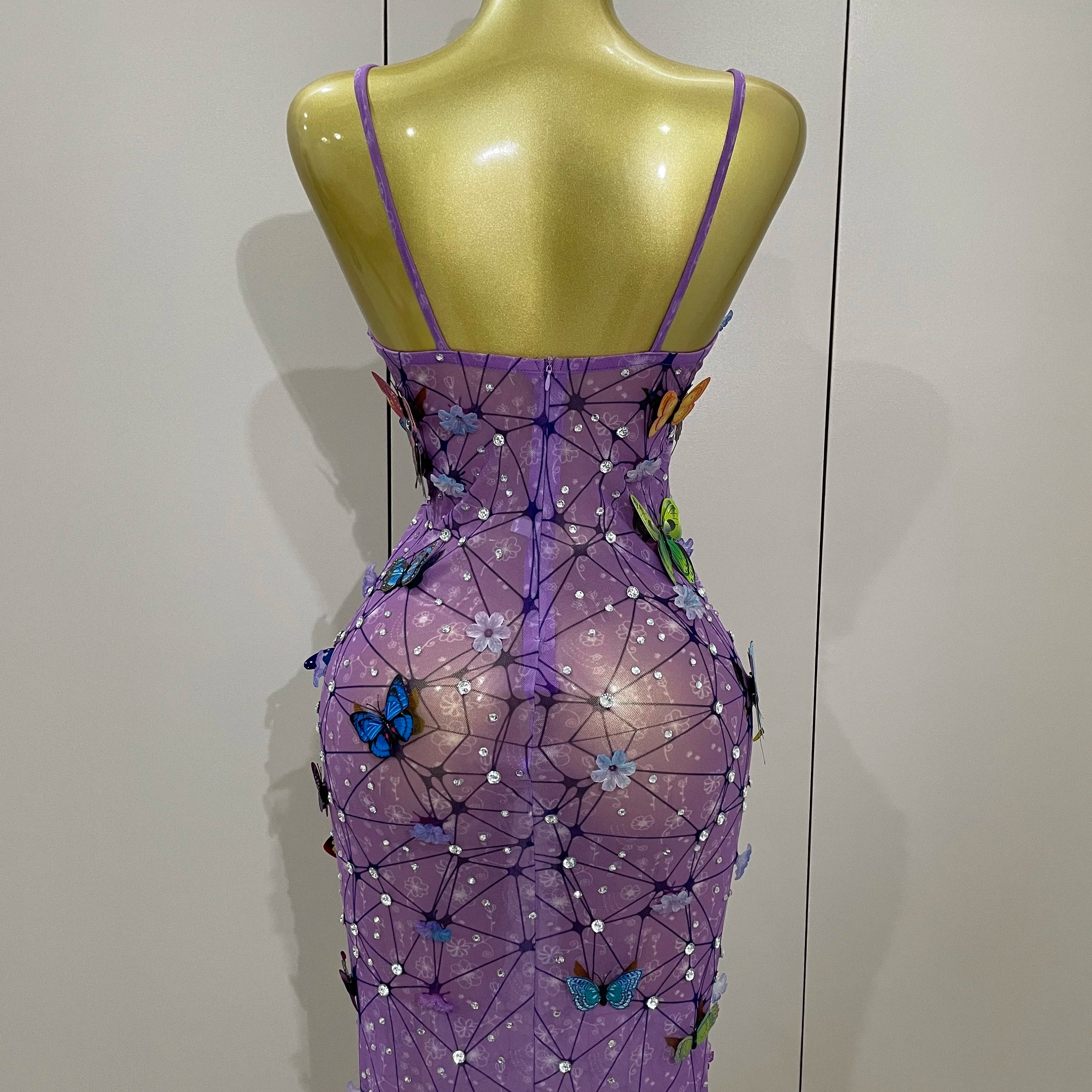 Women Celebrity Luxury Birthday Nightclub Stage Outfit 2025 New Arrival Sparkly Butterfly Purple Sexy Mesh See Through Dress