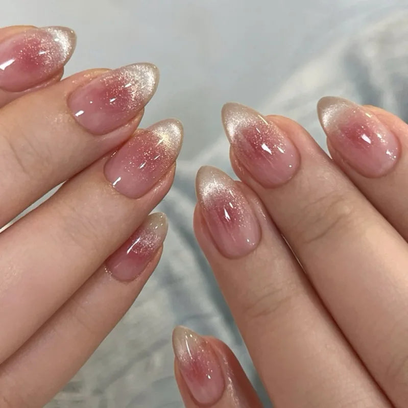 24Pcs Blush Pink Shining Cat's Eye Short Round Head Press on False Nails with Simple Design Almond French Manicure Nail Tips Set