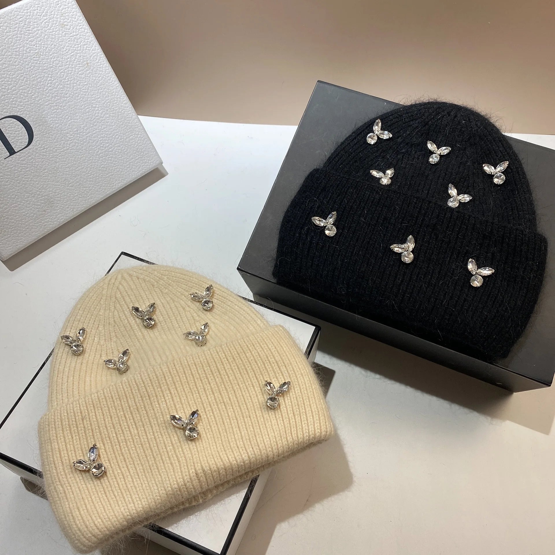 Luxury Rhinestones Fashion Women's Winter Hats Real Rabbit Fur Lady Warm Knitted Hat Outdoor Wool Skullies Beanies Skiing Caps