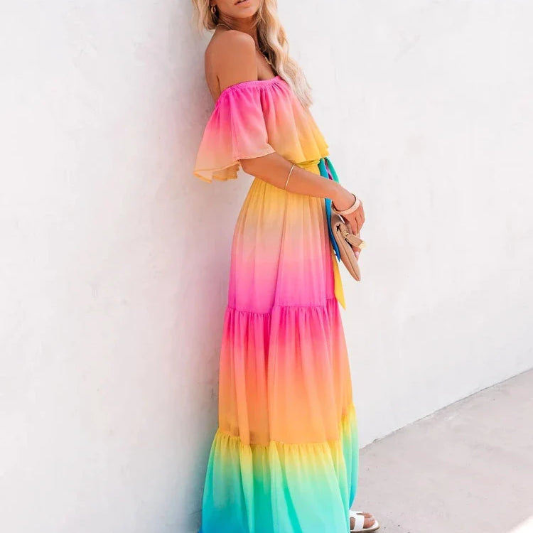 Multicolored Bohemian Ruffled Off Shoulder Self Belted Party Dress Cotton Tunic Women Boho Maxi Dresses Vestidos A324