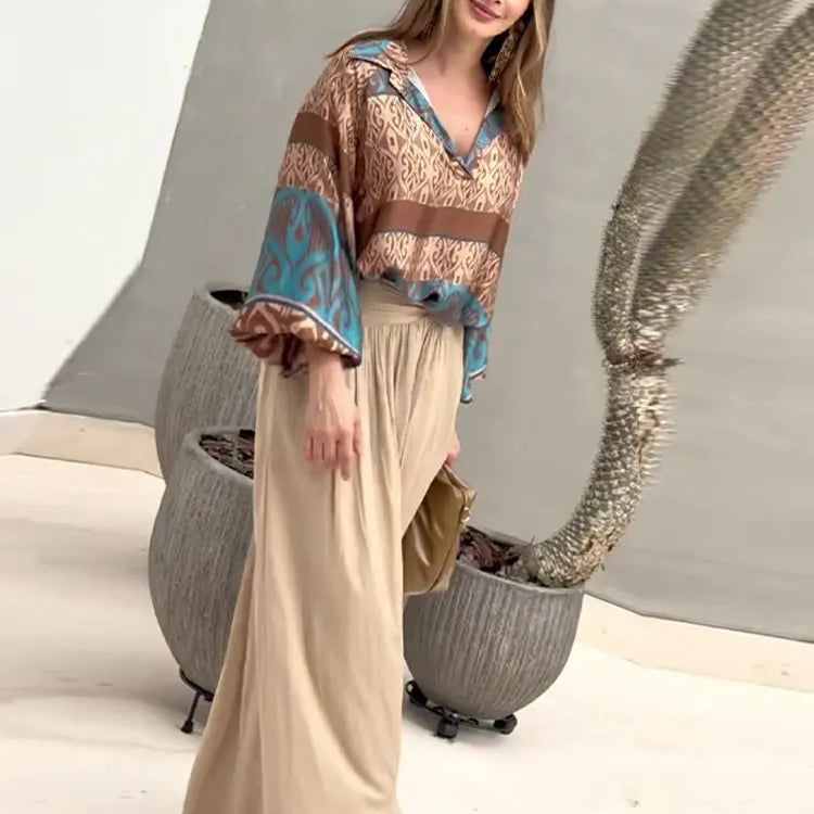 Women Loose High Waist Pant Print V Neck Long Sleeves Top 2 Pieces Sets Spring Summer Casual Street Female Outfits NEW