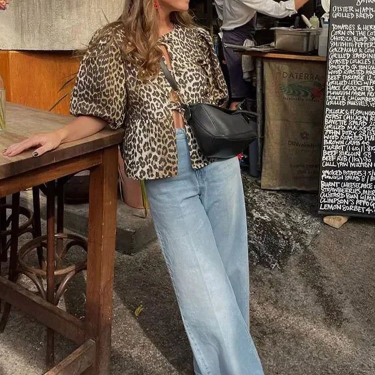 Leopard Print Lace Up Bow Top Women Hollow Out Puff Short Sleeve O-neck Shirt Female Summer Lady Fashion Commuter Tops