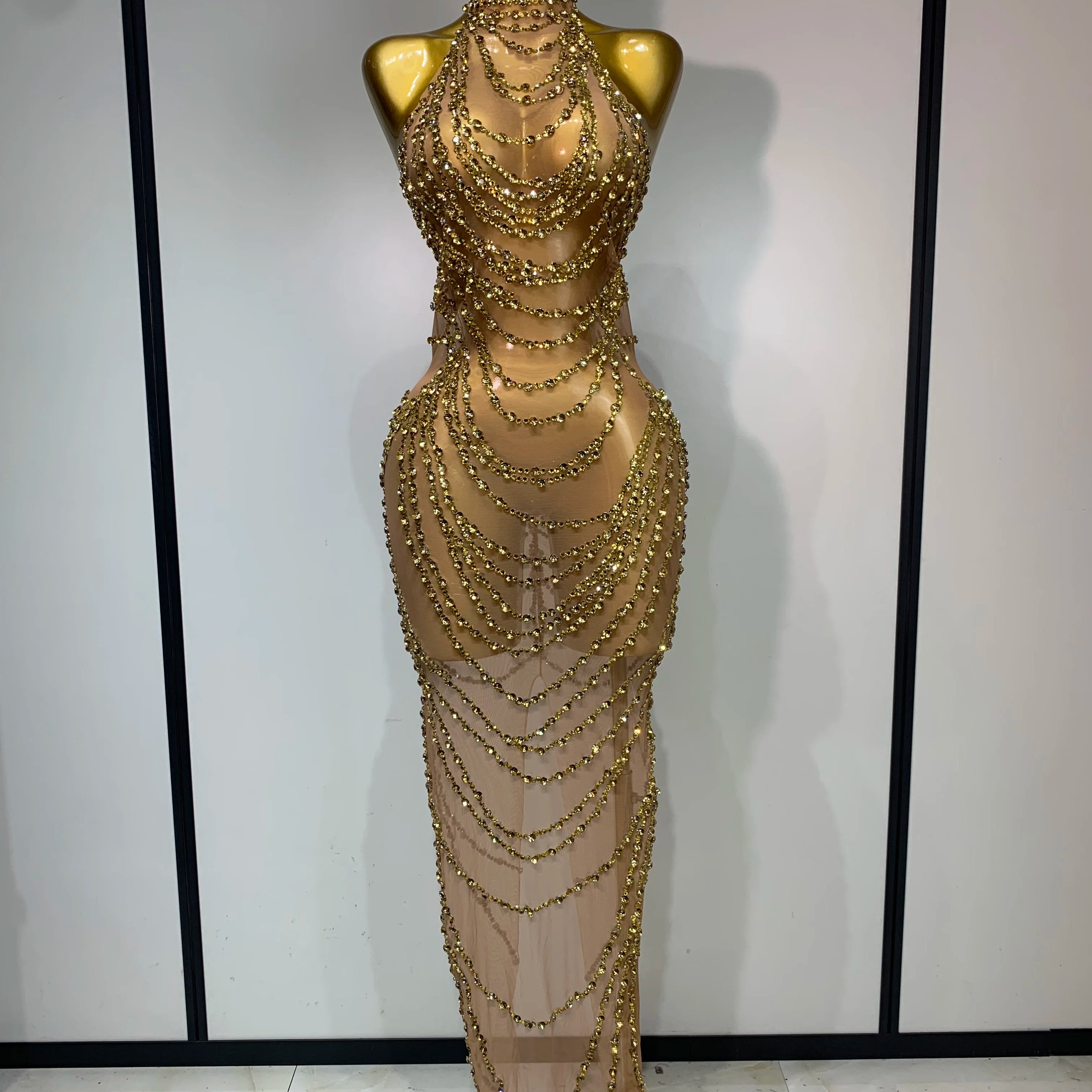 Sparkly Rhinestone Sexy Transparent Mesh Long Dress 2025 Women Luxury Birthday Club Party Gown Stage Singer Performance Costume