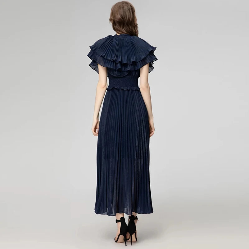 ZJYT Designer Elegant Cloak Sleeve Pleated Dresses for Women 2024 Runway Summer Fashion Elastic Waist Long Party Evening Dress