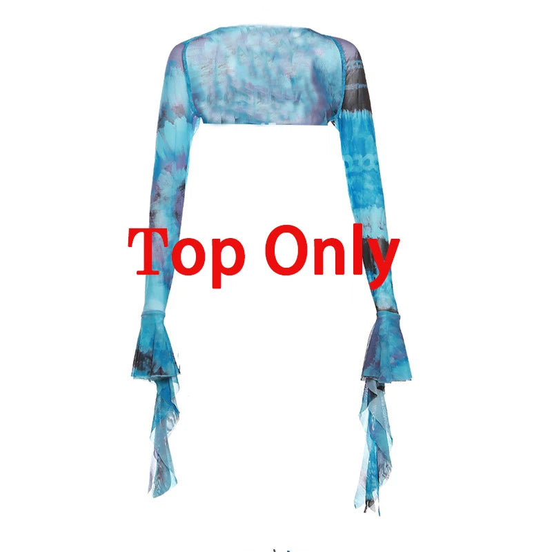 Zenaide Fall Mesh Butterfly Women 3 Piece Set Bandage Cami+Irregular Skirt+Fairy Festival Crop Top Tie Dye Rave Party Outfit Y2K Blue Top Only