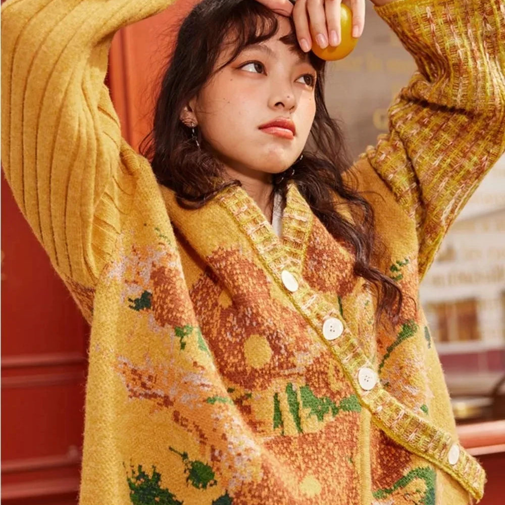 Van Gogh's collaboration "Starry Night Flower Sea" Spring and Autumn Women's New Oil Painting Diagonal Button Sweater Coat