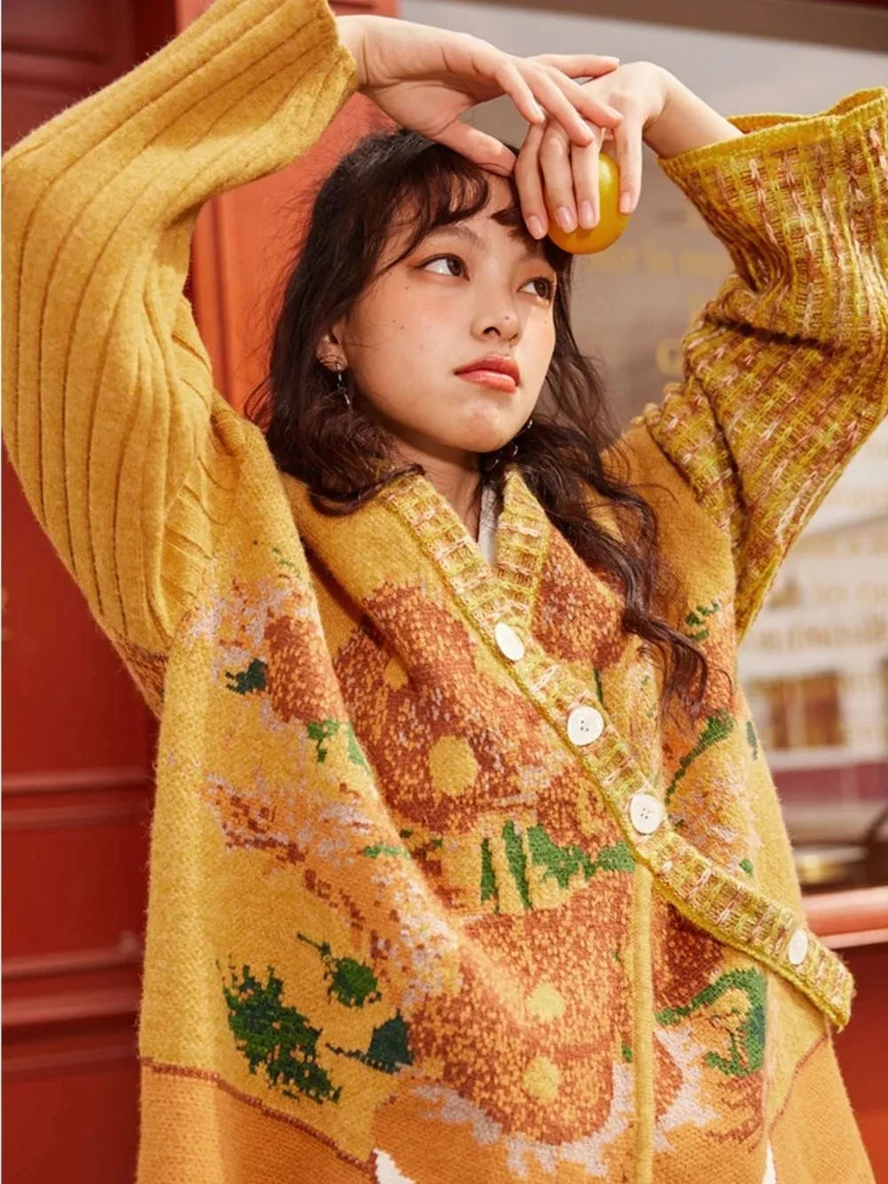 Van Gogh's collaboration "Starry Night Flower Sea" Spring and Autumn Women's New Oil Painting Diagonal Button Sweater Coat
